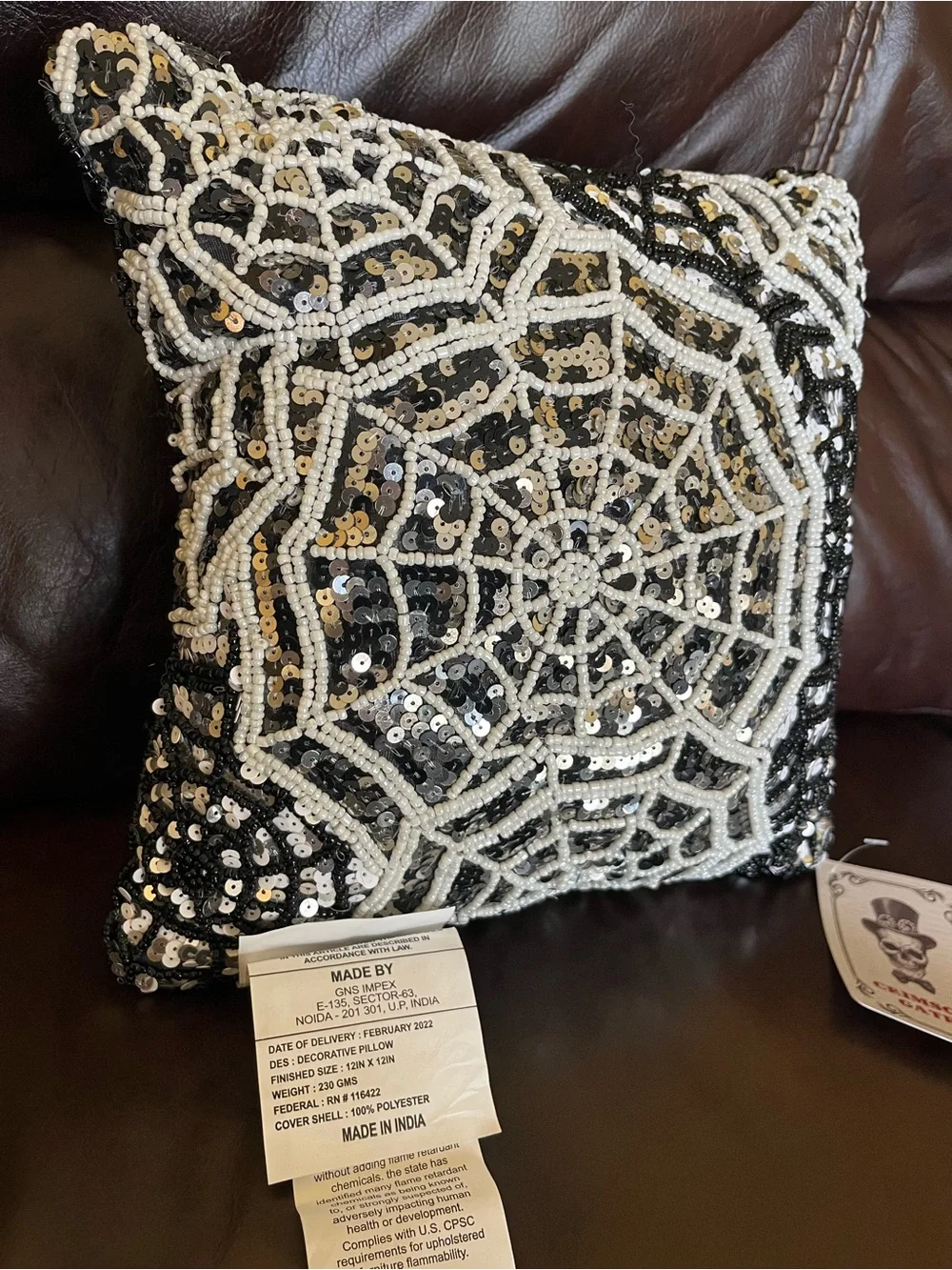 Crimson Gate Halloween Spiderweb Sequin Beaded Decorative Pillow